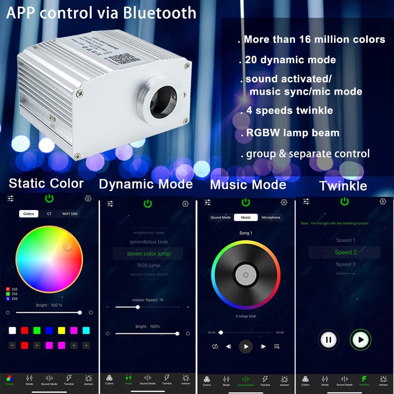 AZIMOM Bluetooth Control 10W RGBW Twinkle Fiber Optic Lights Star Ceiling Light Kit 200pcs*0.03in*6.5ft Fiber Cables Sound Activated APP/Remote Light Engine Car Use Home Interior Lighting Deco - Image 2